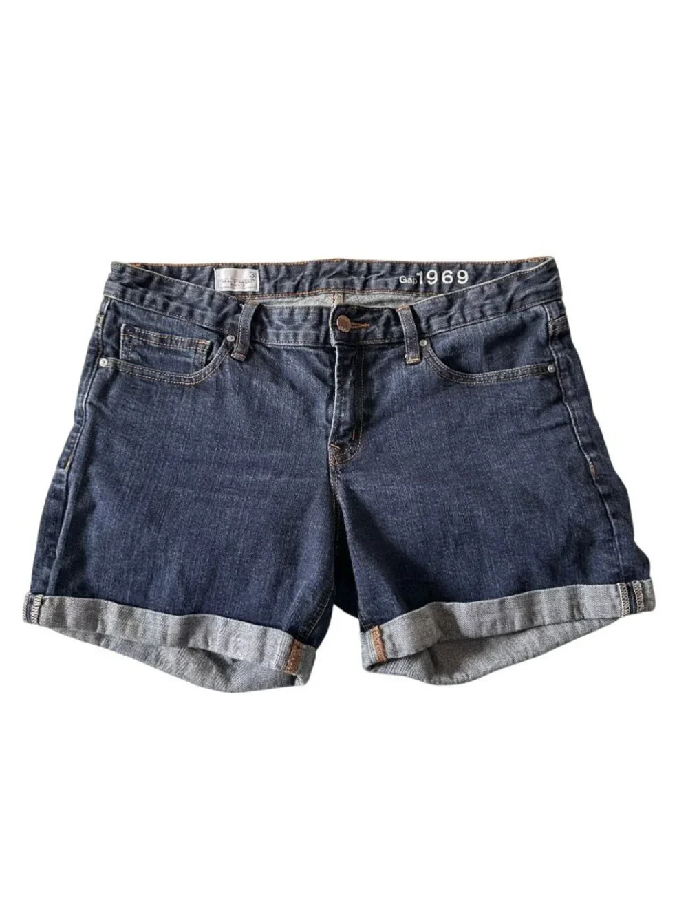 Gap 1969 Real Straight Denim Shorts 31 Indigo Rinse Mid Rise Cuffed Stretch